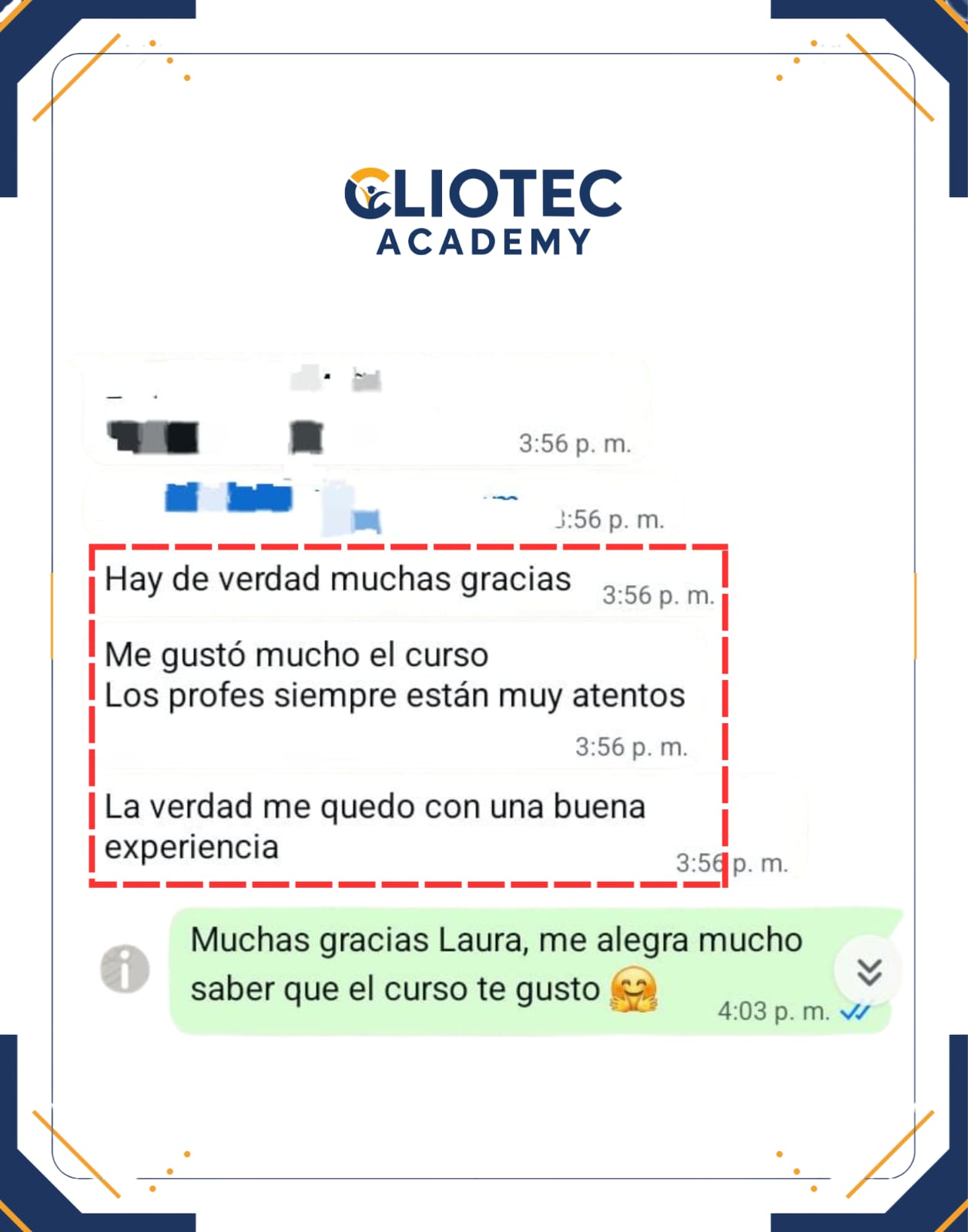 Comentario real de alumno Cliotec Academy 1