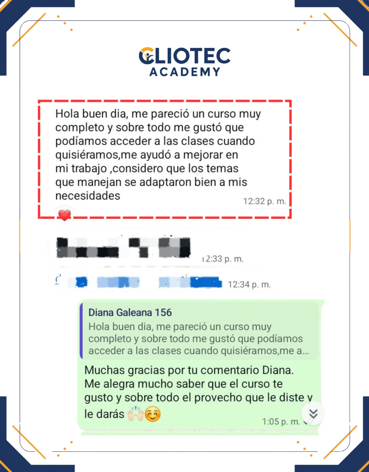 Comentario real de alumno Cliotec Academy 3