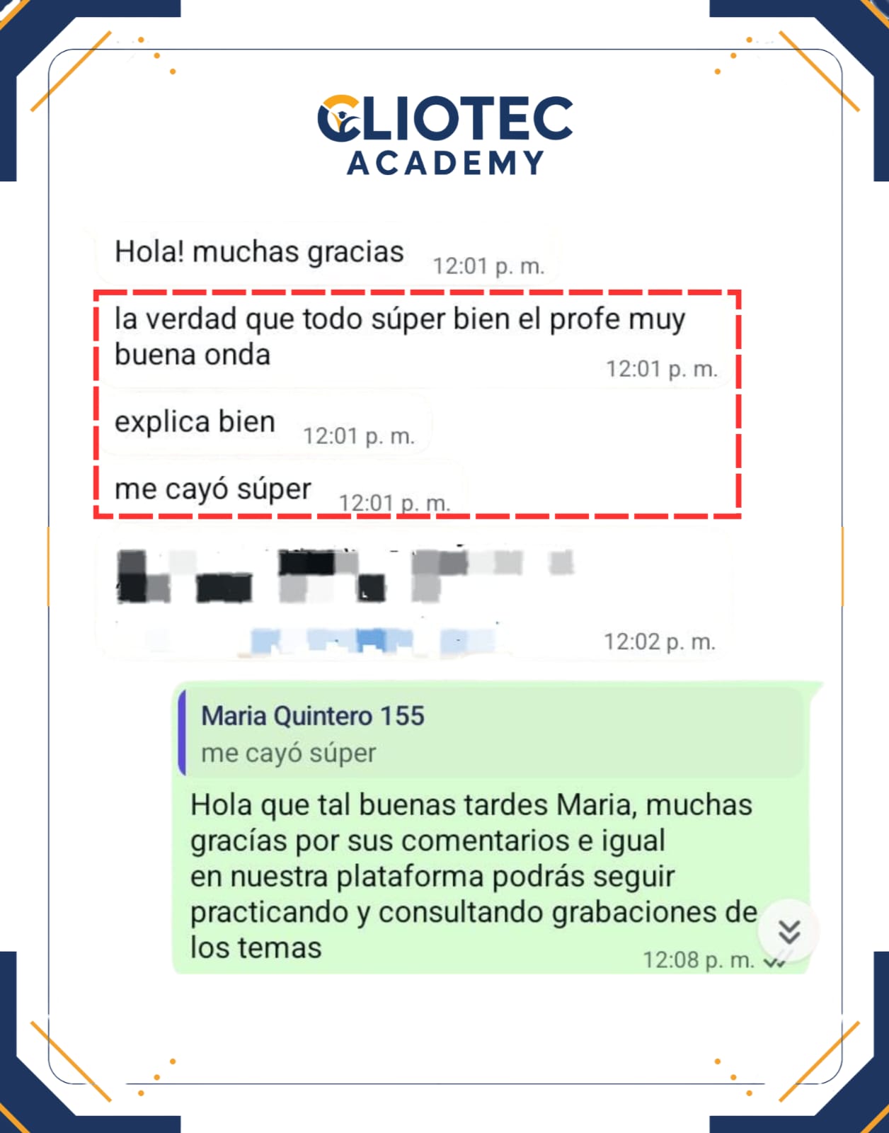 Comentario real de alumno Cliotec Academy 6