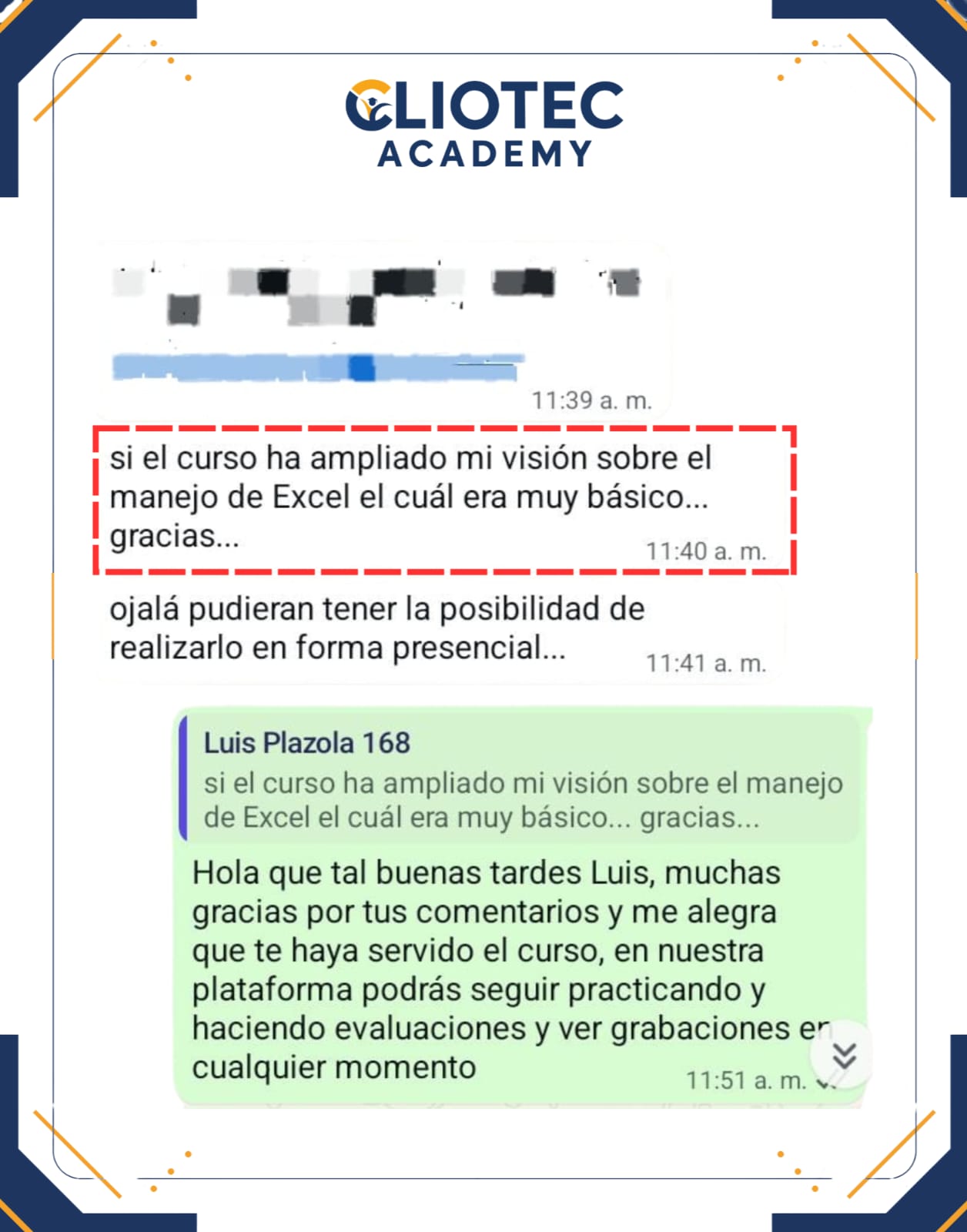 Comentario real de alumno Cliotec Academy 8