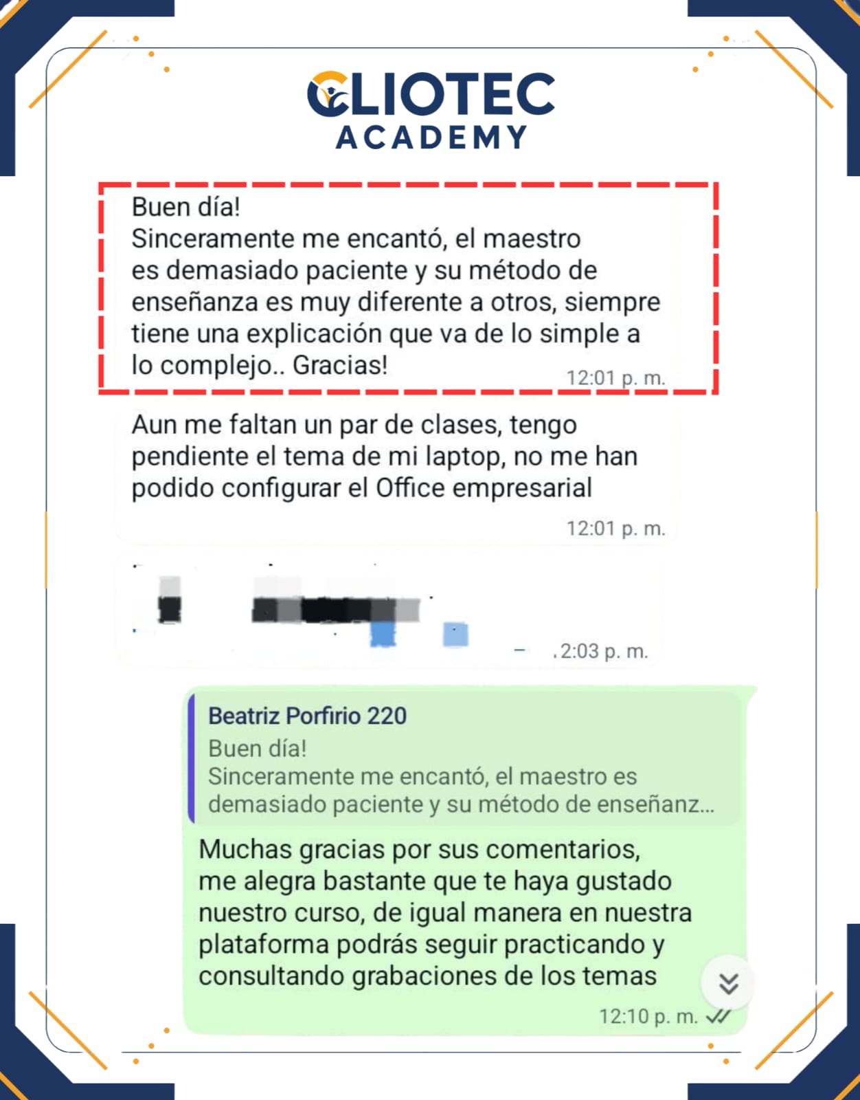 Comentario real de alumno Cliotec Academy 9
